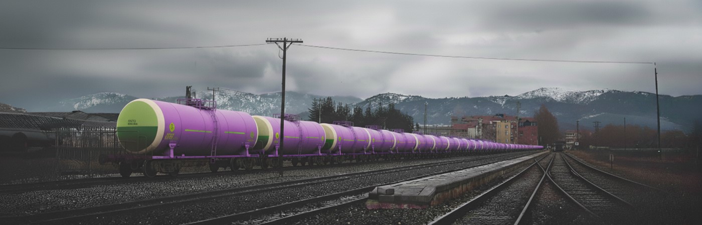 Railcar movements in a chemicals logistics network, with AI-powered data overlays, glowing routes, sensor-equipped railcars, and predictive dashboards illustrating cost savings and revenue protection.