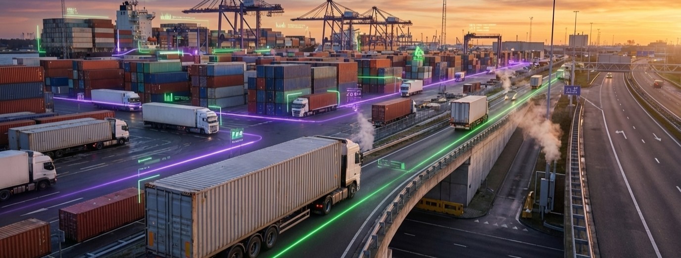 European logistics corridor showing cargo containers moving from port to inland freight hubs illustrating supply chain security risk